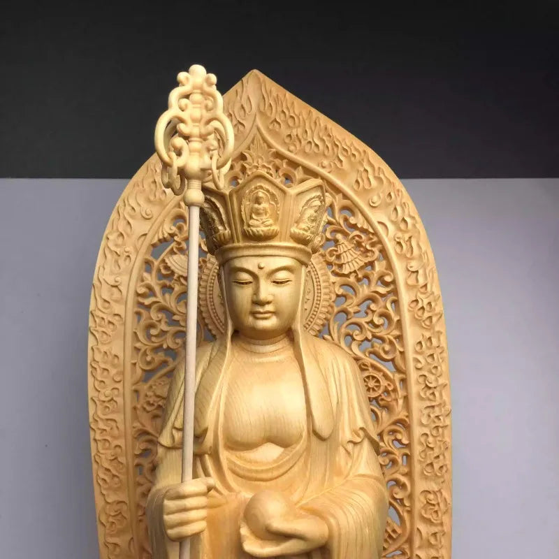 Jizo bodhisattva wood carving statue pili crown acala deity feng shui decor collectible buddhist sculpture - religious