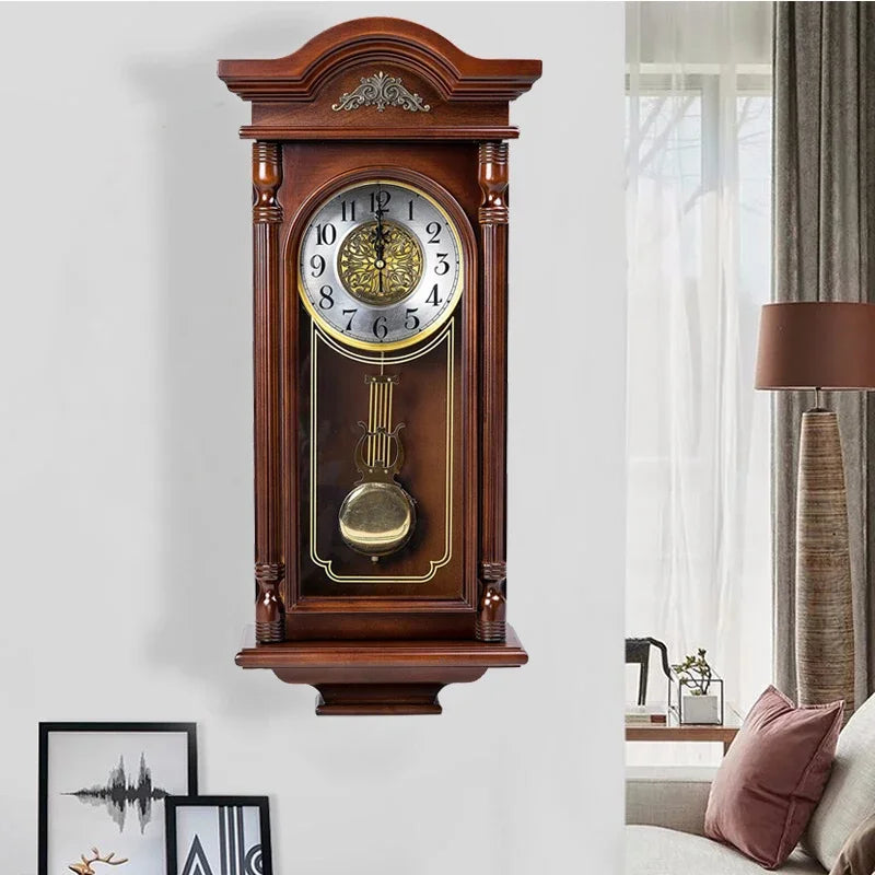 Vintage wall clock living room solid wood pendulum clocks luxury large watches bedroom decoration nordic interior