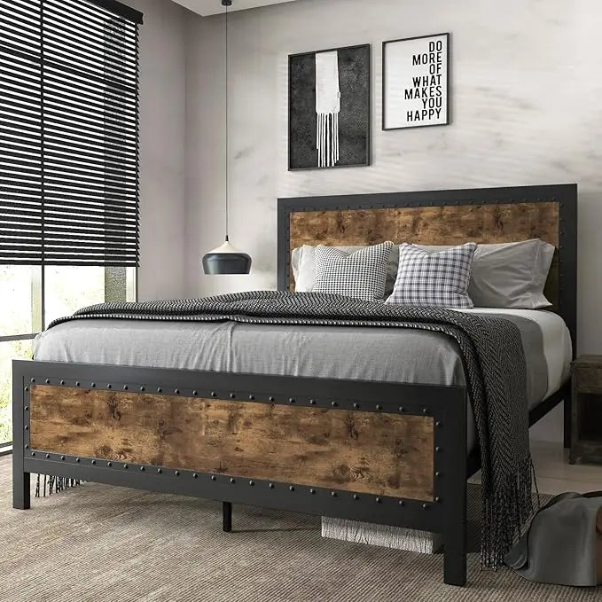 Sha cerlin grey metal bed frame queen industrial wooden platform base with rivet headboard and footboard no box spring