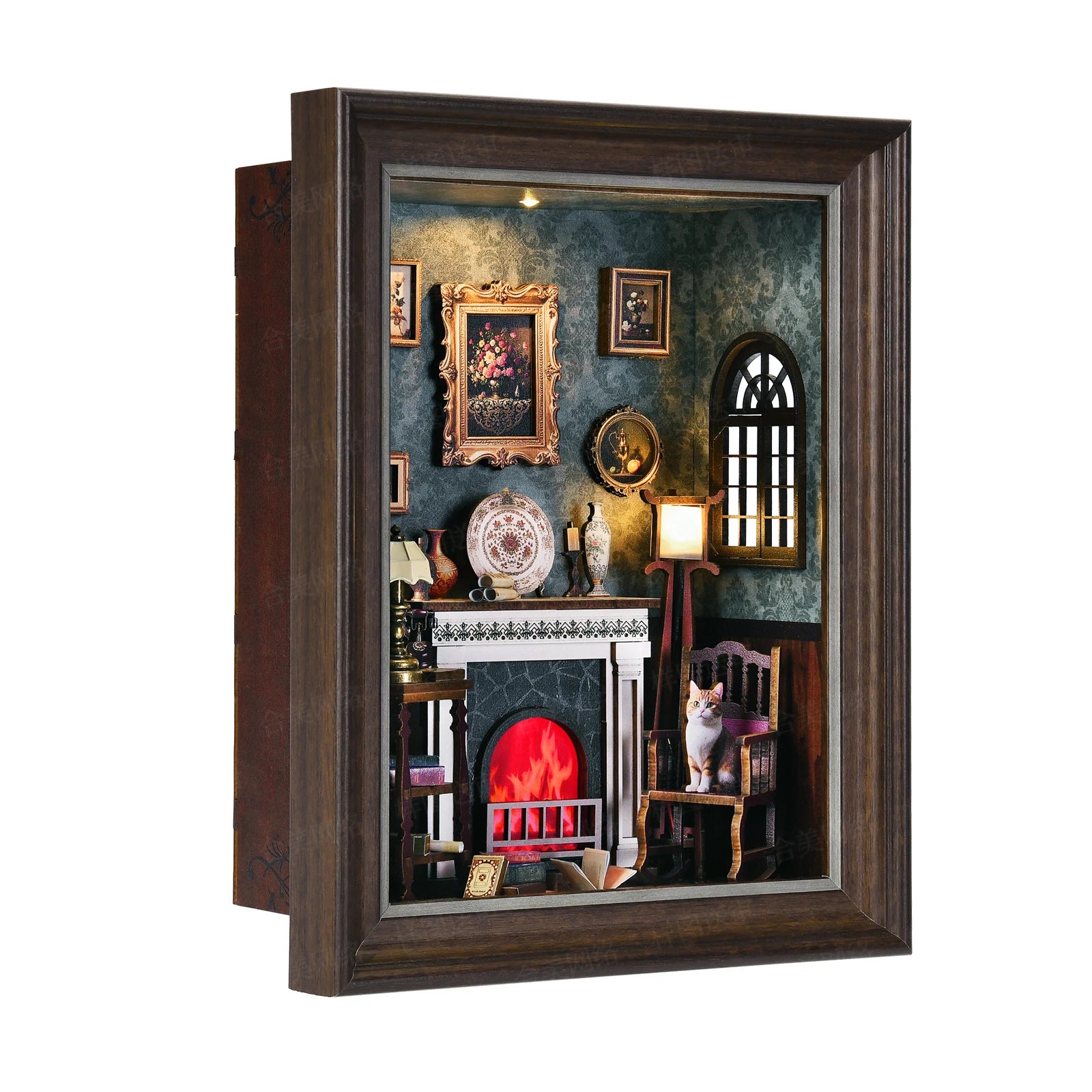 Book nook kit fireplace diy 3d wooden puzzle photo frame ornament bookshelf dollhouse model bookend building home
