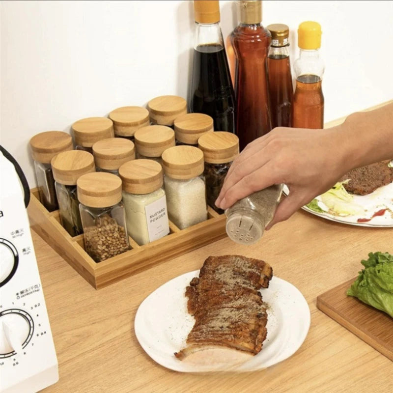 Glass spice jars w/ bamboo lids + wood tray storage containers flour jar kitchen canisters - wood tray