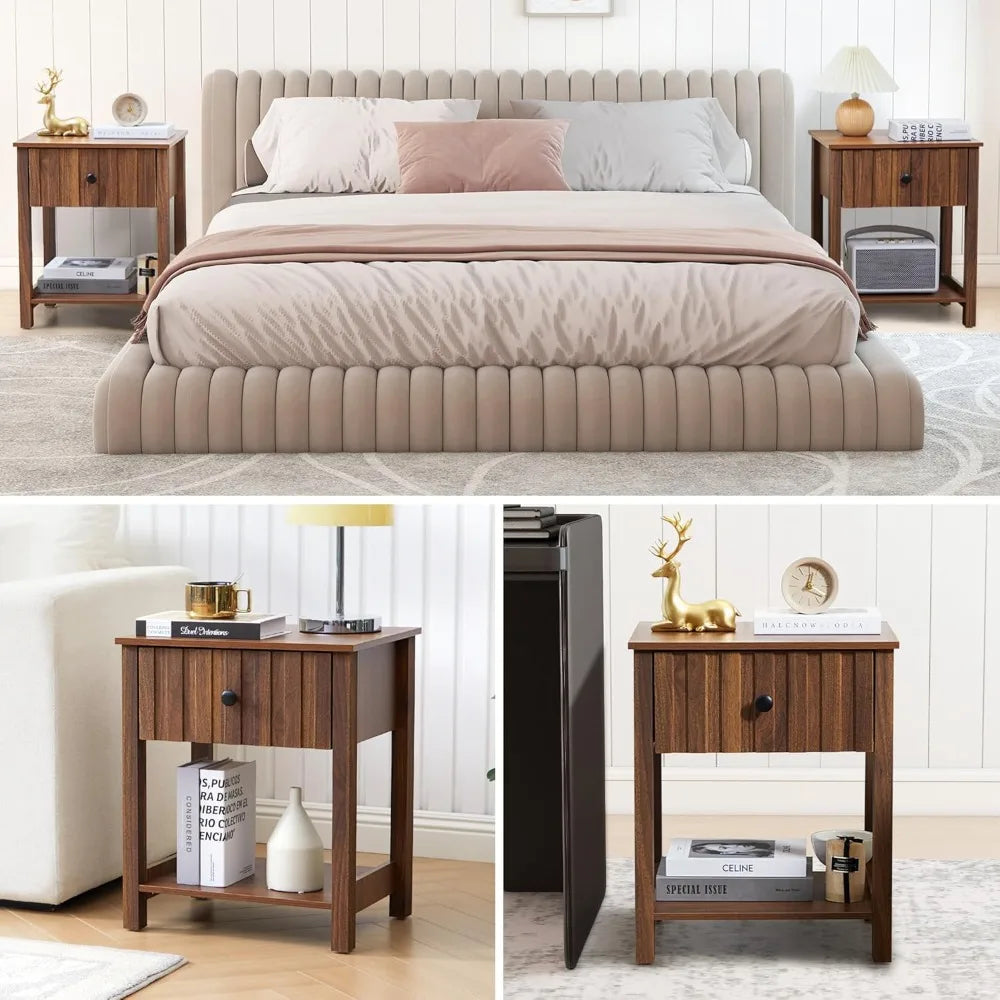 Wood nightstand 21.65’’ h bedside table with wide fluted finish modern night stands drawer mid century end