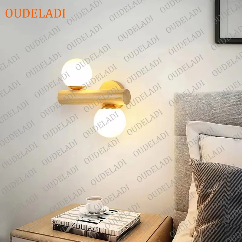 Oudeladi wooden wall lamps for living room bedside glass ball decor lamp stairs aisle rest area farmhouse background