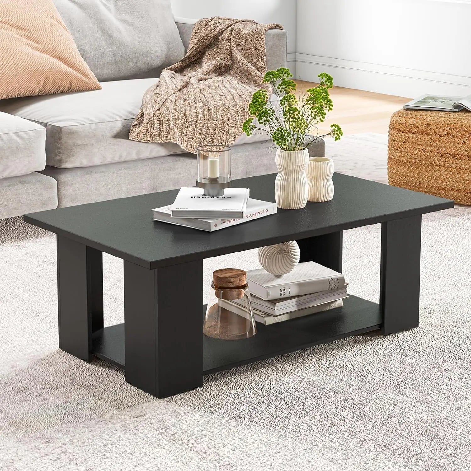 Rectangle wood center table 41’’ l 2-tier large modern tea w/open compartment easy assembly accent coffee - black