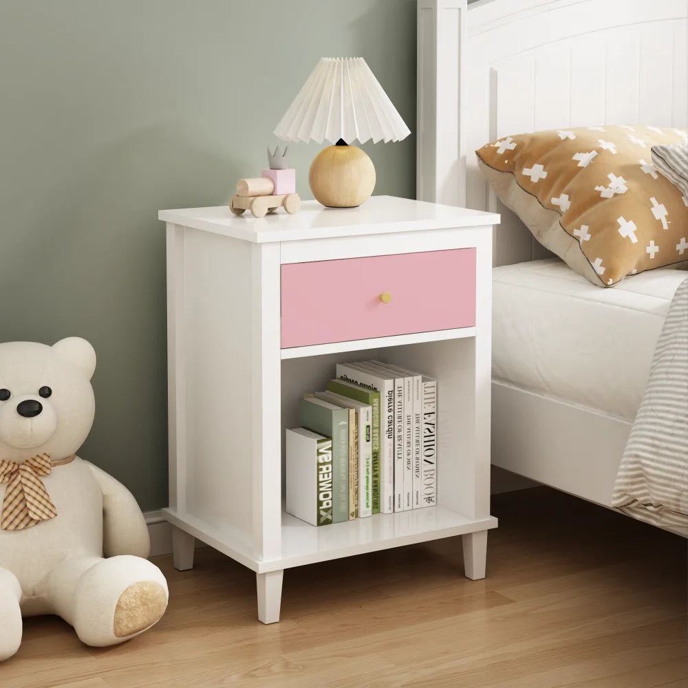 26.77’’h wooden nightstand with one drawer shelf for kids adults pink + golden handle