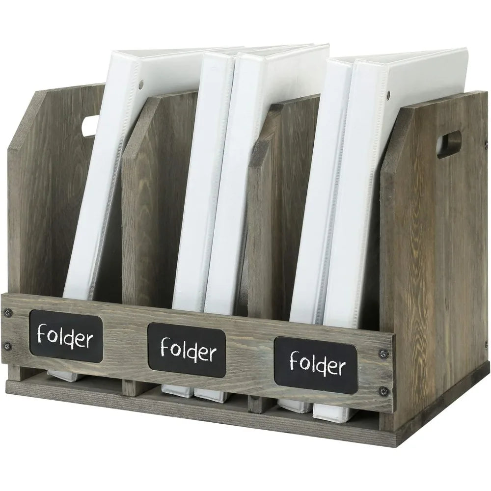 Vintage gray wooden 3-compartment magazine holder with chalkboard label desk document organizer for home and office