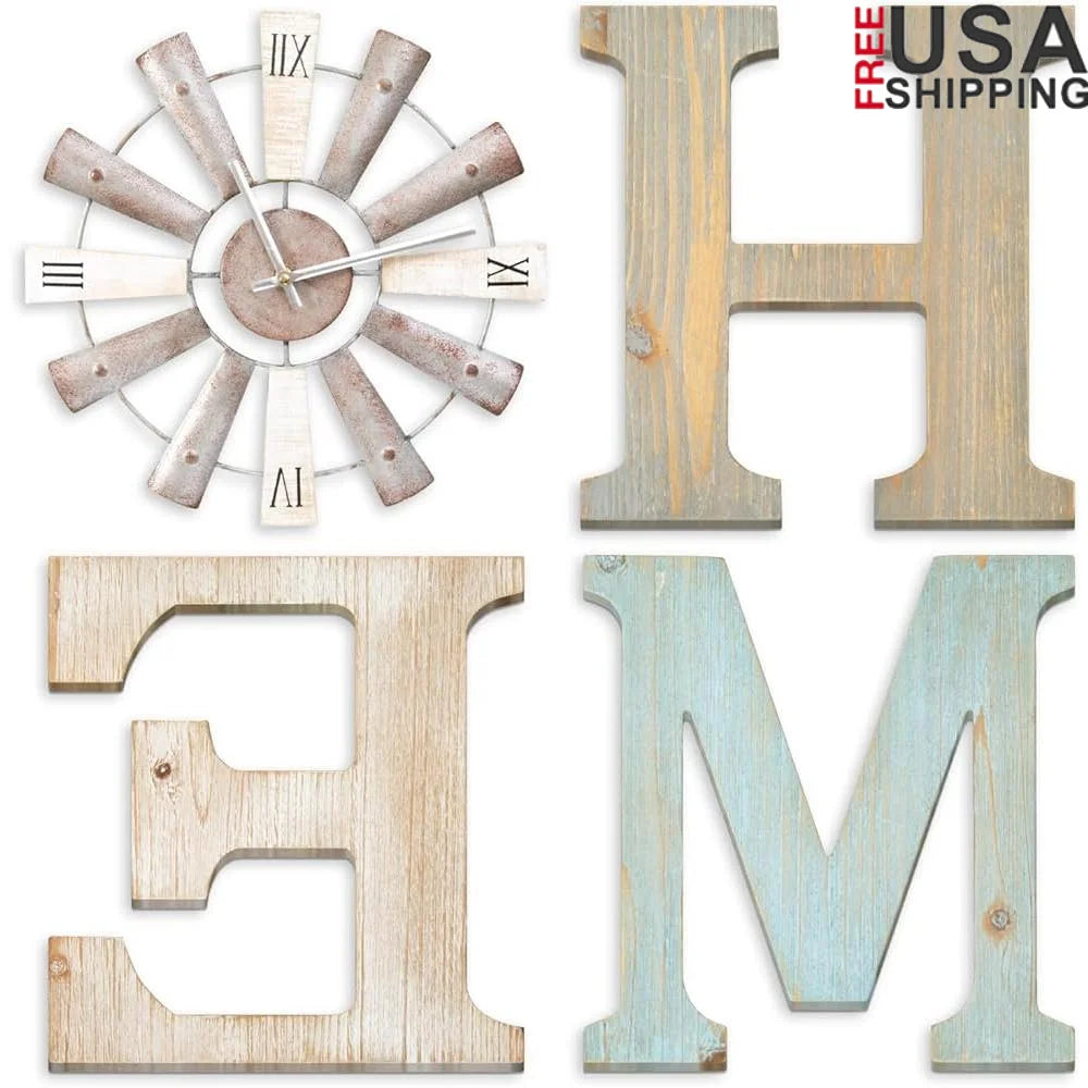 Farmhouse wall decor rustic home signs windmill clock iron wood letters art living room kitchen entryway dining