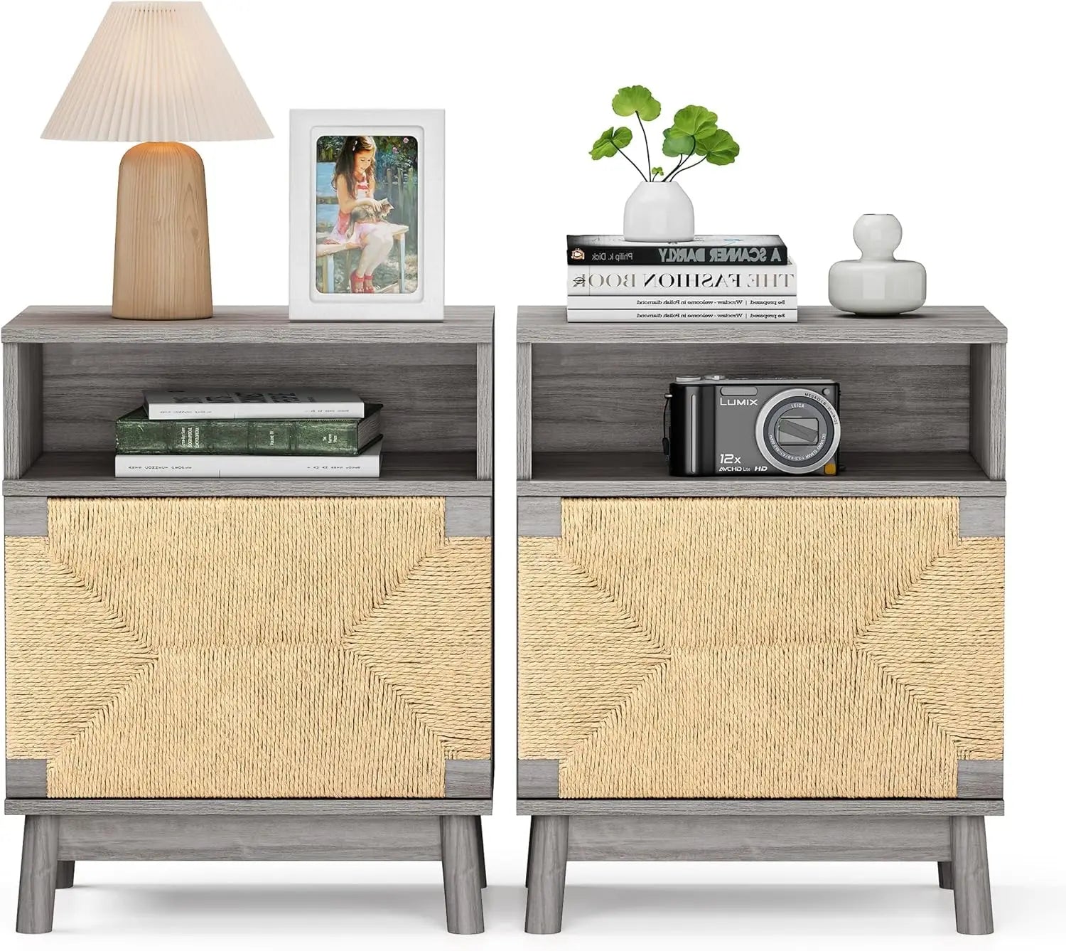 Natural rattan nightstand set of 2 boho night stand with drawers bedside table accent cane end side for bedroom l