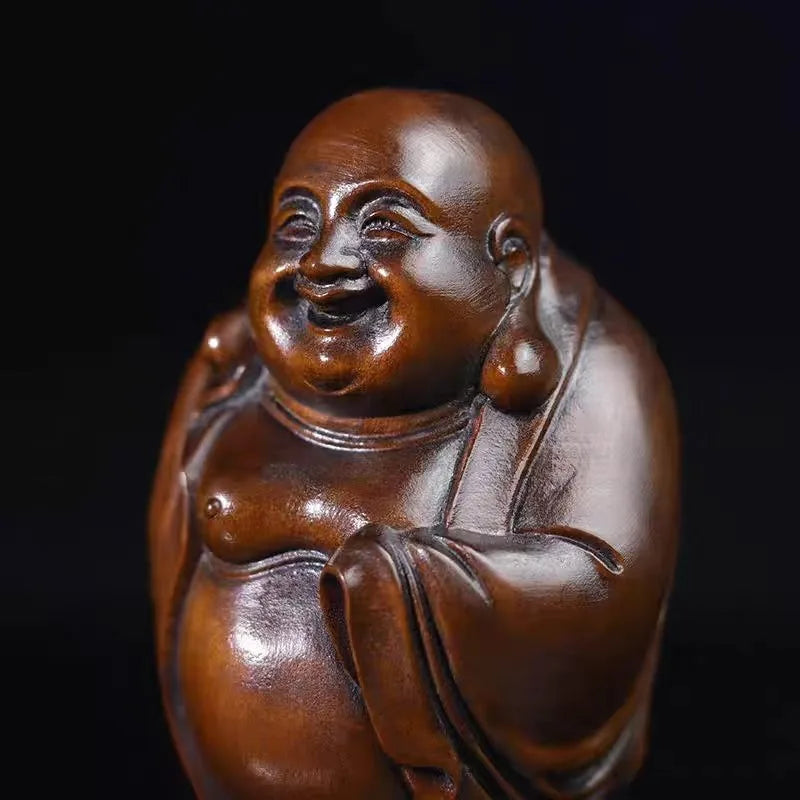 Hand-carved boxwood happy buddha statue - 2.56’’ maitreya figurine with beads wooden sculpture home decor lucky - 6.5cm