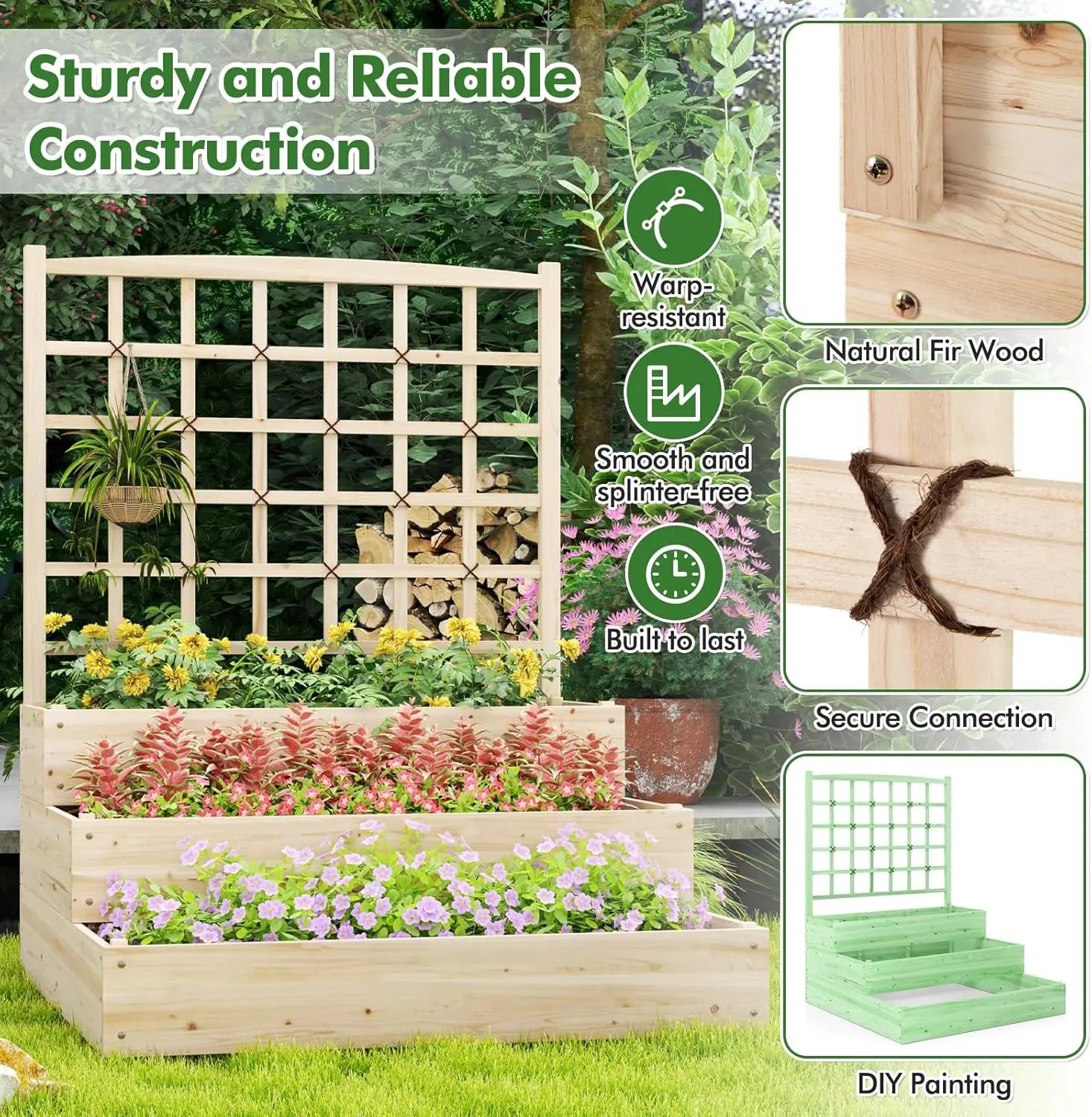 3-tier raised garden bed wooden planter with trellis & open-ended base for patio yard lawn outdoor boxes - united states