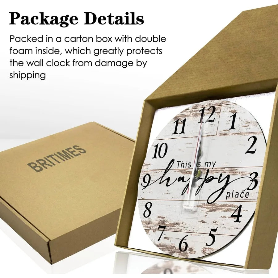 Round wall clock silent nonticking battery operated 10 inch vintage wood happy place home decor for living room