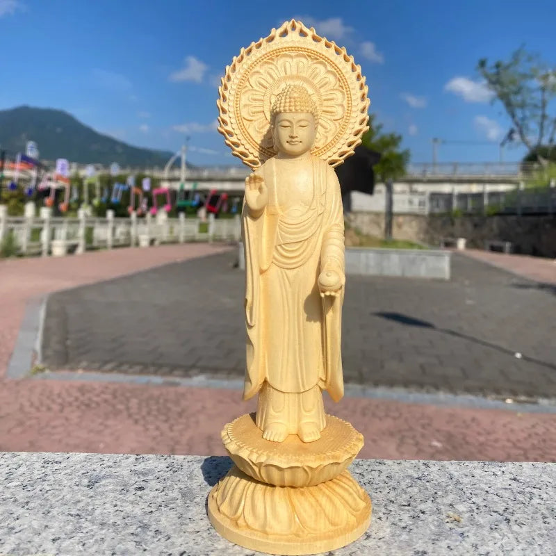 Finely carved wooden medicine buddha statue home altar decoration spiritual art craft for religious gifting - 21cm