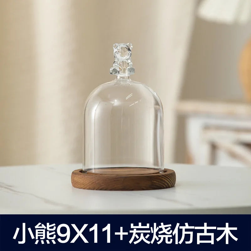 Aromatherapy candle holder ornaments dust-proof glass cover wooden base display box home decoration - little bear 11cm