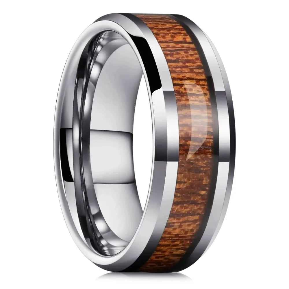 Fashion 8mm men black titanium wedding rings koa wood inlay stainless steel for band anniversary birthday gift - ring