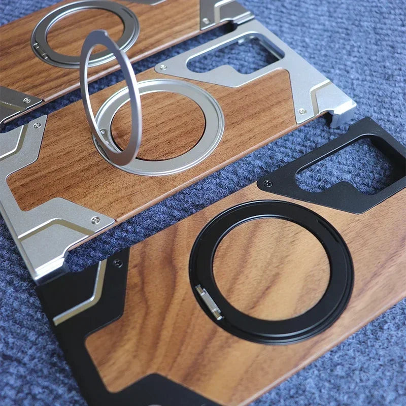 For samsung galaxy s24 25ultra funda s23 ultra phone case walnut wood luxurious metal magsafe wireless charging