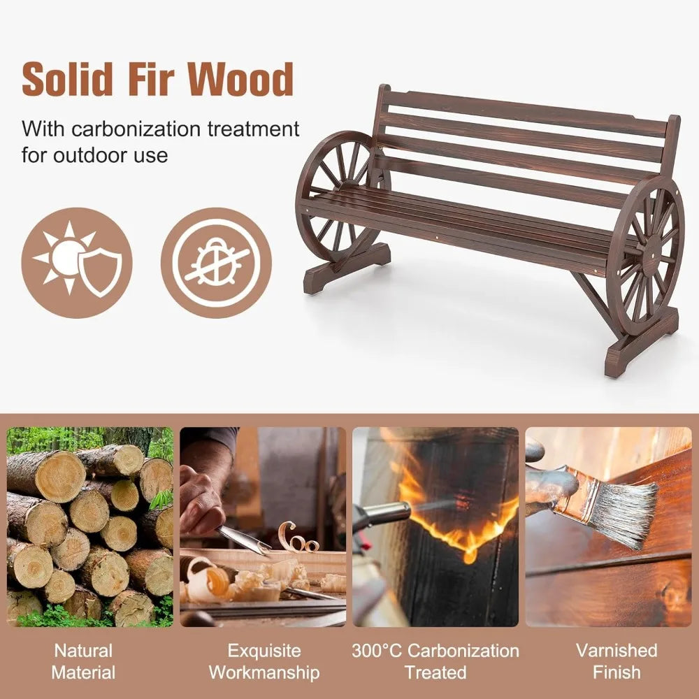 Rustic wooden wagon wheel 3-person patio bench with backrest for outdoor backyard furniture - style1 / united states