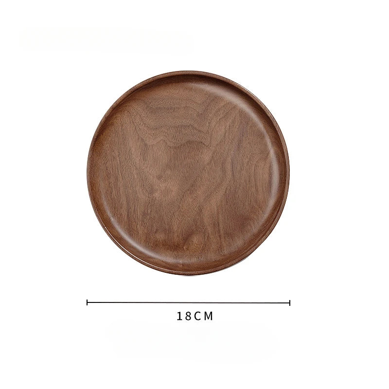 Japanese round wooden tray black walnut plate bread home afternoon tea snacks dessert dinner - 18x18x2cm