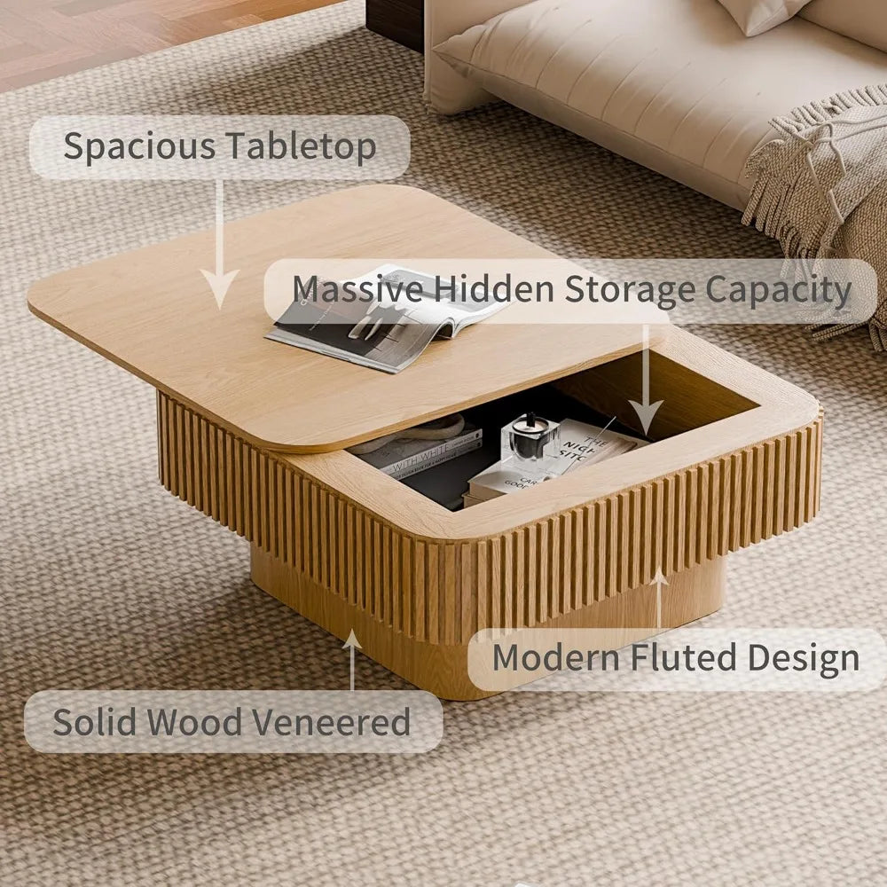 31.5’’ square coffee table with hidden storage,solid wood modern accent tea for living room bedroom,apartment