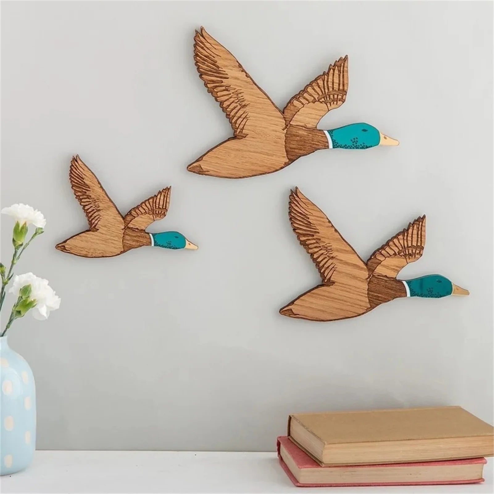 3pcs flying ducks wood wall decor flat wooden art 1950s retro home decoration self-adhesive crafts living room - cn