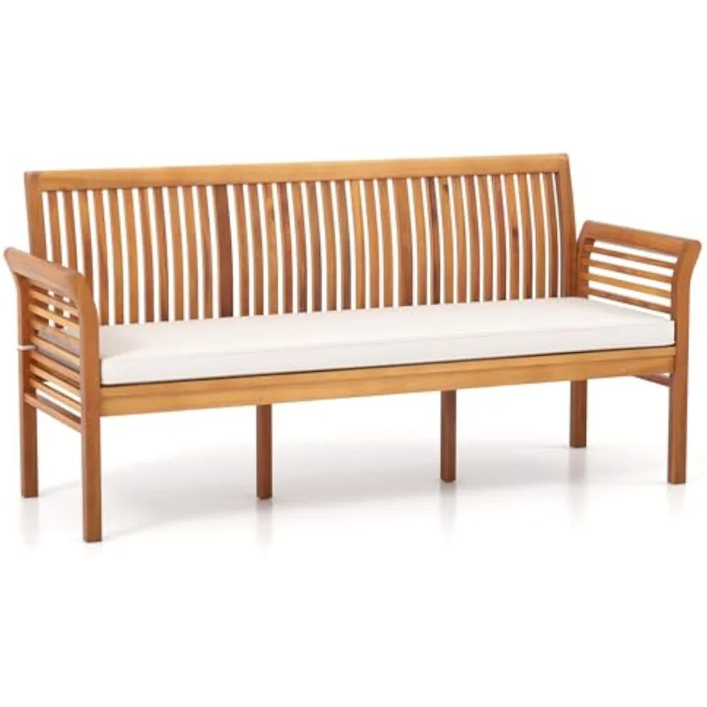 62.5’’ outdoor bench acacia wood - 3-person patio w/backrest armrests & removable seat cushion slatted wooden garden