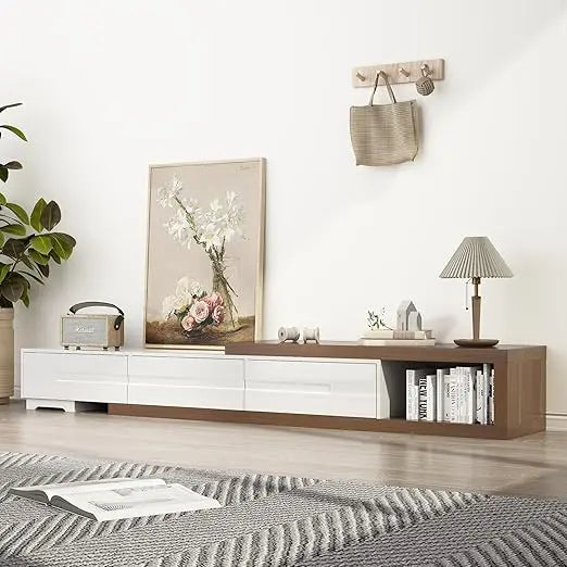 Extendable tv stand modern entertainment center for up to 120 inch wood reversible media console with 3 drawers livi