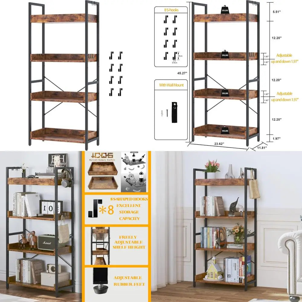 stylish-4-tier-wooden-black-metal-bookshelf-adjustable-vertical-shelving-for-home-office