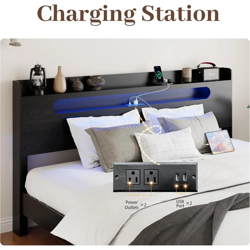 Wooden queen size bed frame with storage headboard farmhouse platform bedframe charging station & led lights