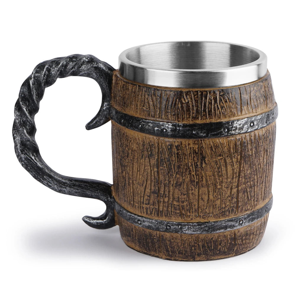 Simulation wooden barrel mug double wall heat insulated cup creative resin stainless steel retro for home ornament