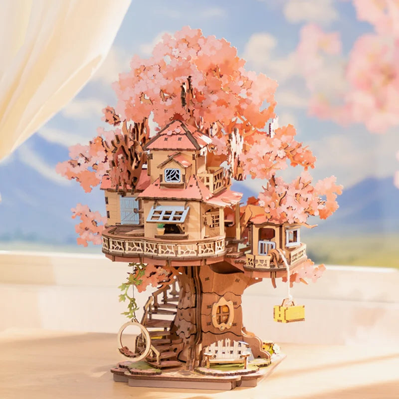 Robotime rolife sakura tree house 3d puzzles diy model building toy wooden craft kits hobby for kids brain teaser gift