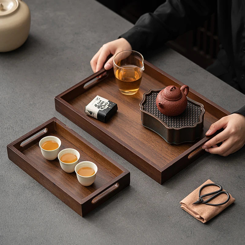 Large size rectangular bamboo wood tea tray display plate walnut color set cup storage handle home use japanese sle