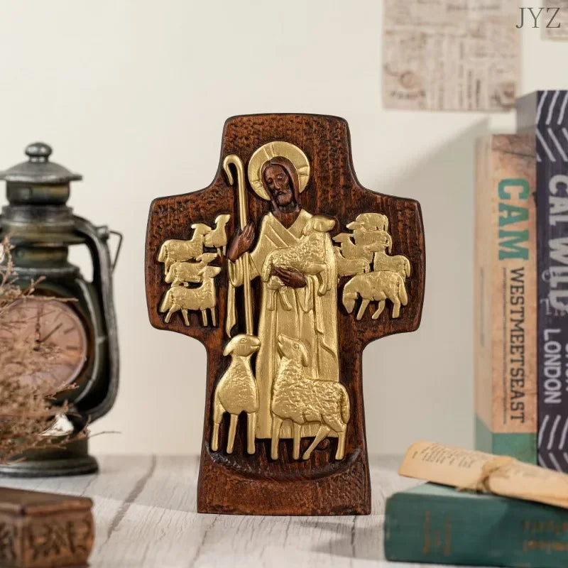 Jesus holy good shepherd cross statue home decor ornaments religious pastor gift - gold / 35cm - (christian)