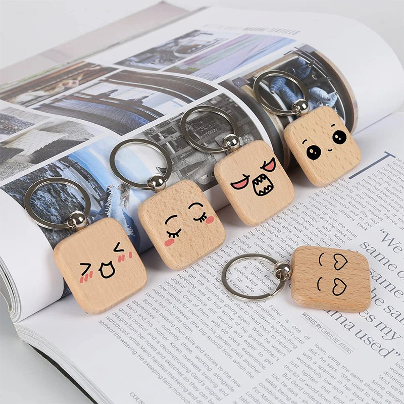 100pcs blank wooden key chain diy promotion pendant wood keychain keyring tags promotional gifts - square