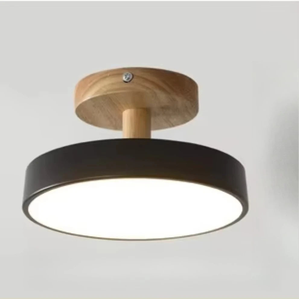 1pcs tri-color dimming ceiling light led flush mount lamp wrought acrylic lampshade round wood holder study - black