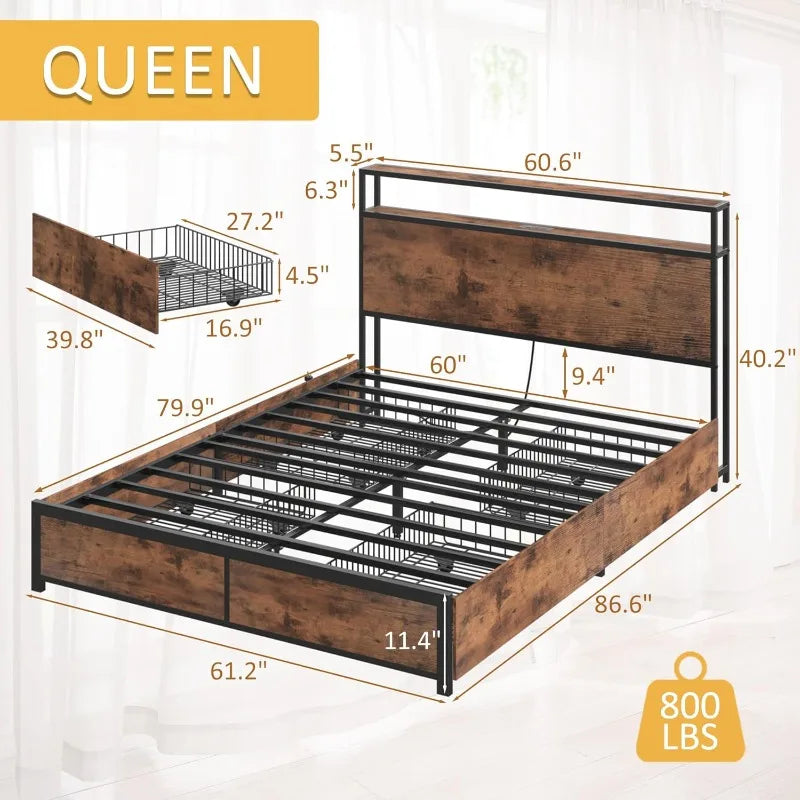 Queen bed frame with 2-tier storage headboard metal platform 4 drawers built in charging station - united states