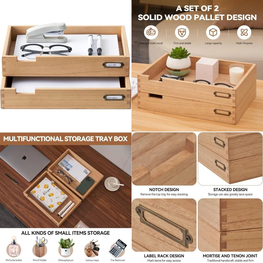 Wood desk organizer set of 2 stackable paper tray desktop document storage wooden letter trays for home office