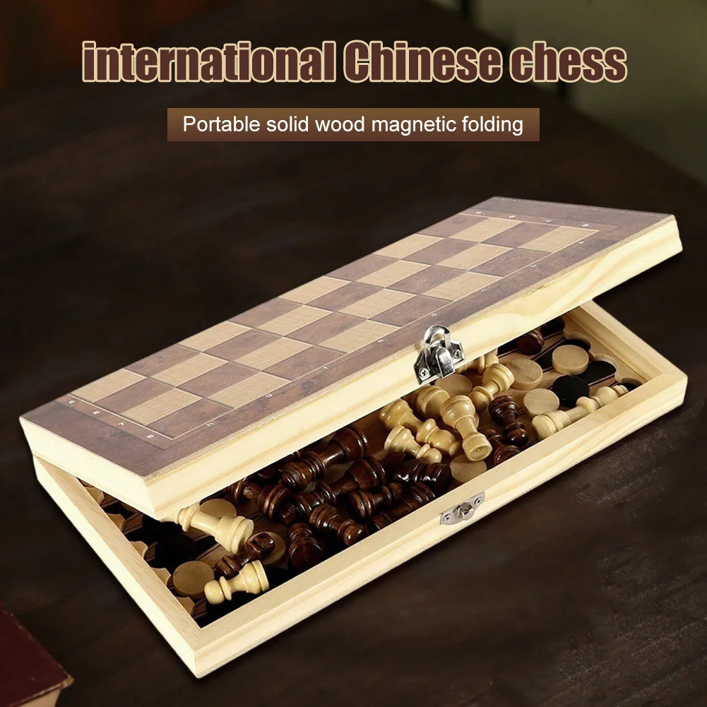 Magnetic wooden folding chess set felted game board 24cm*12cm interior storage adult kids gift family