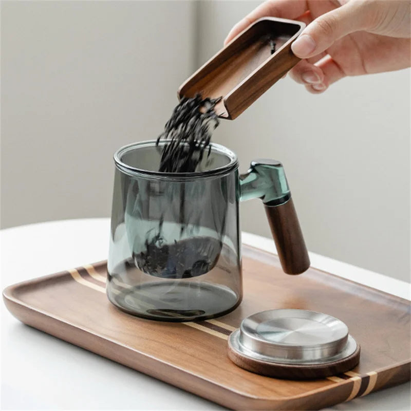 400ml walnut wooden handle lid filter glass tea cup water separation scented office flower mug
