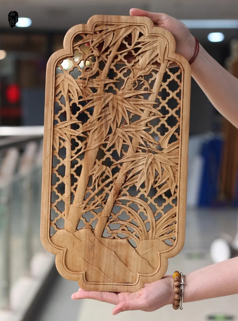 Chinese classical hollow wood carving crafts camphor wall hanging background home decoration height 35cm - log color8