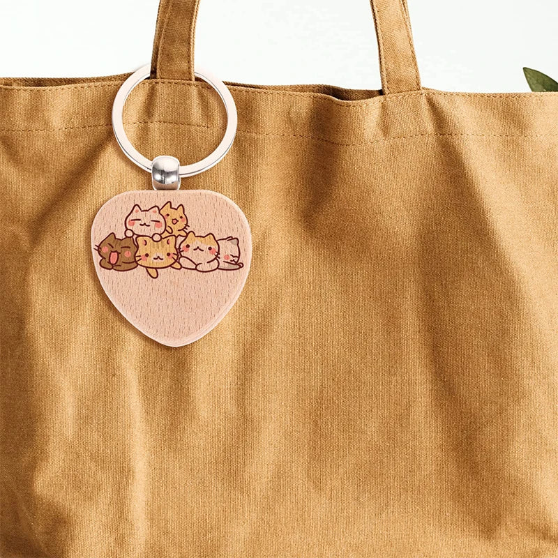 50pcs natural wooden key ring heart anti lost wood keychains - chain