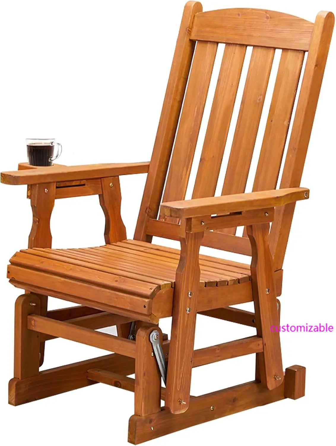 Outdoor glider chair wood patio with cup holder porch smooth rocking mechanism heavy duty 600 lbs - united states