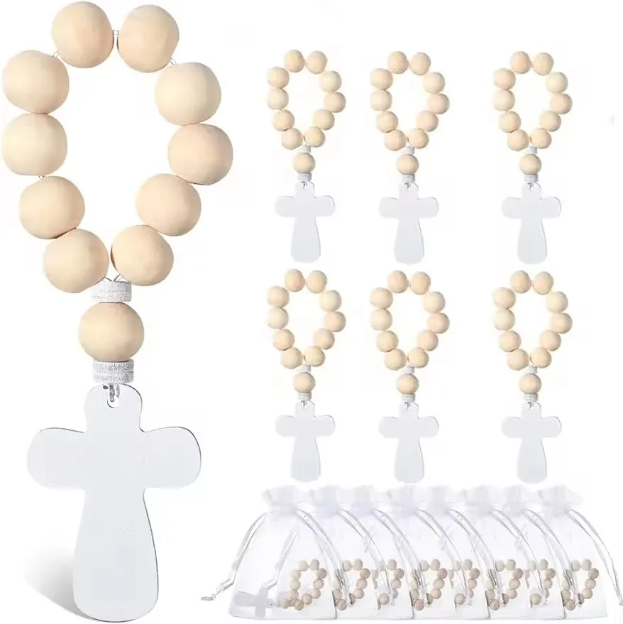 1/6/12pcs wooden rosary wood bulk catholic with crucifix cross pendant white mesh bags for baptism first communion