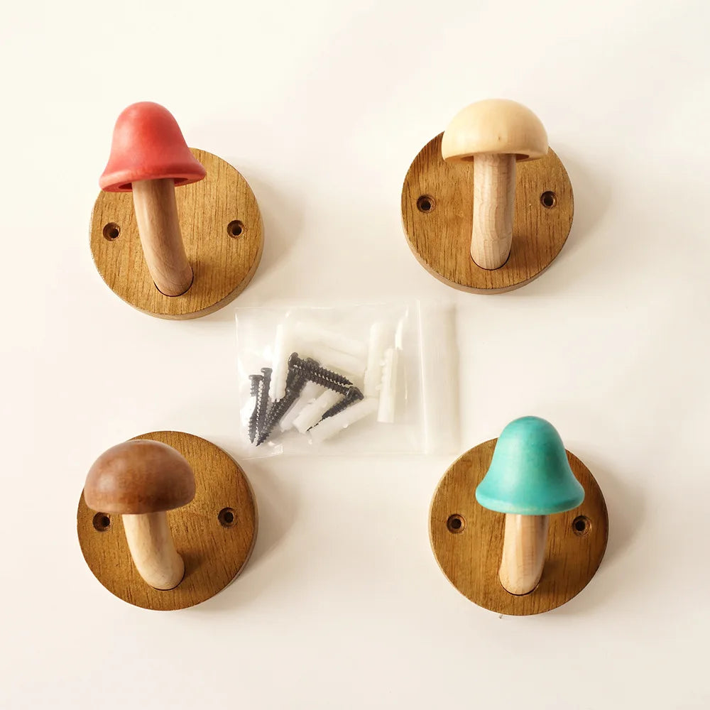 Wooden mushroom coat hooks wall mounted towel hanger solid wood colorful set of with screws (4 hooks & 8 screws) - nail