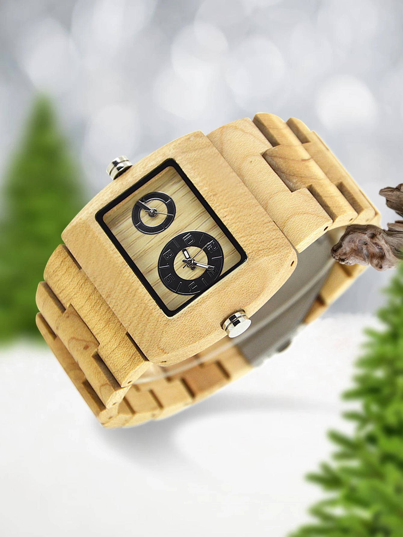 Square dial wooden watches for men dual time display wood - 021c