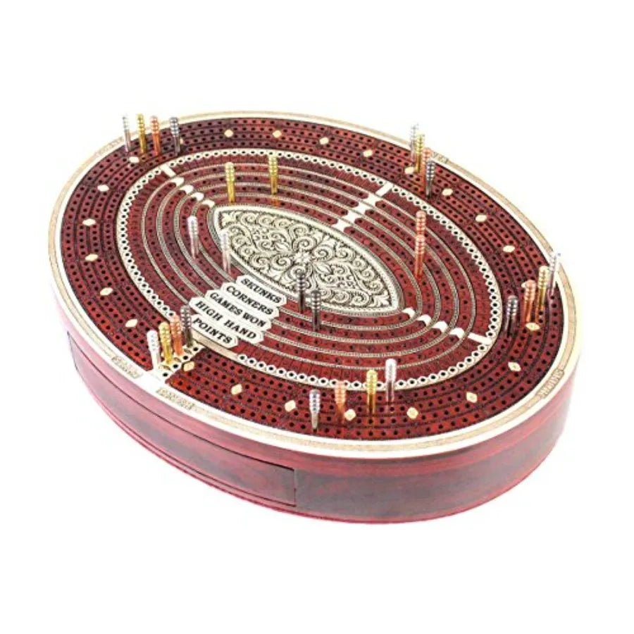 Oval shape 4 tracks continuous cribbage board and box in bloodwood maple with place for skunks corners won games high