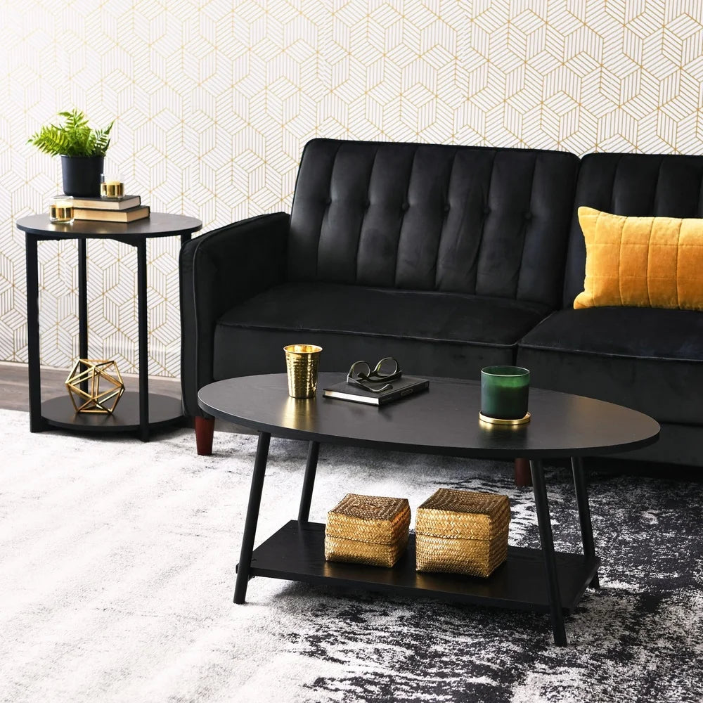 Oval coffee table with storage shelf black oak wood grain durable engineered modern design lightweight easy assembly