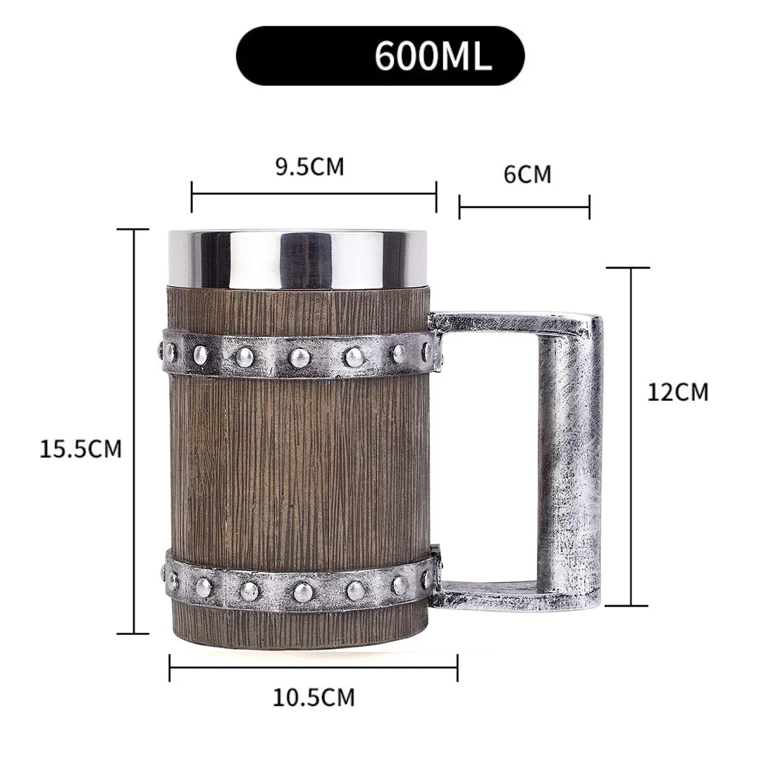 Viking wood style beer mug 3d resin stainless steel coffee cup wine glass metal double wall jug thermal - pipe / 600ml