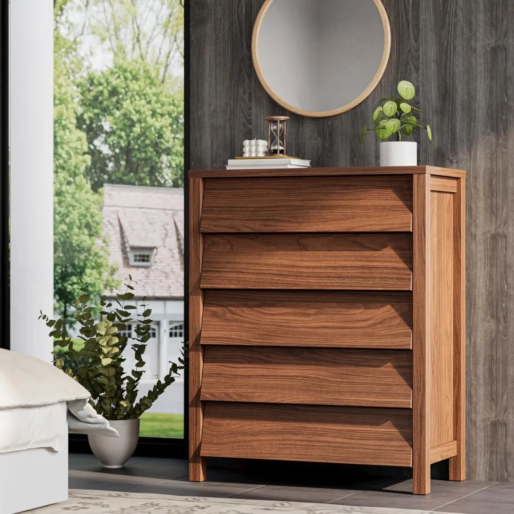 5 drawer dresser for bedroom modern chest of drawers with handleless design wooden tall storage cabinet - walnut