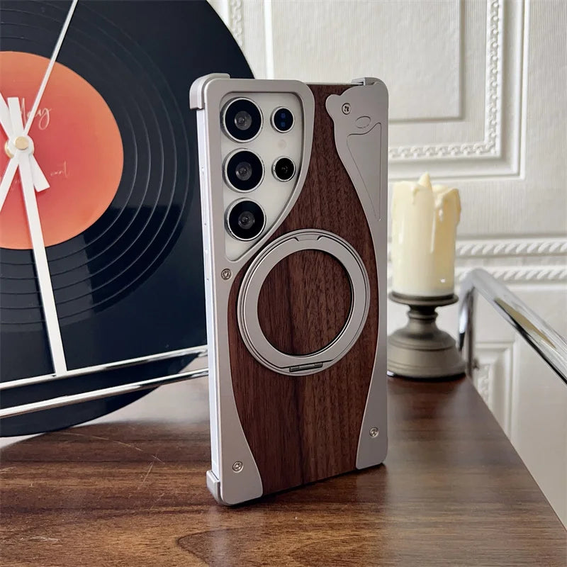 For samsung galaxy s23 s22 s24 s25 ultra walnut wood metal borderless armor case 360° rotating magnetic bracket