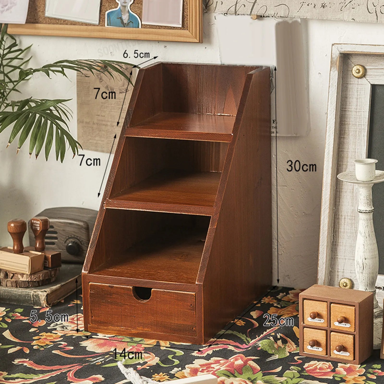 Office desk vintage wooden organizer rustic sturdy retro portable rack stationery box for countertop drawer school