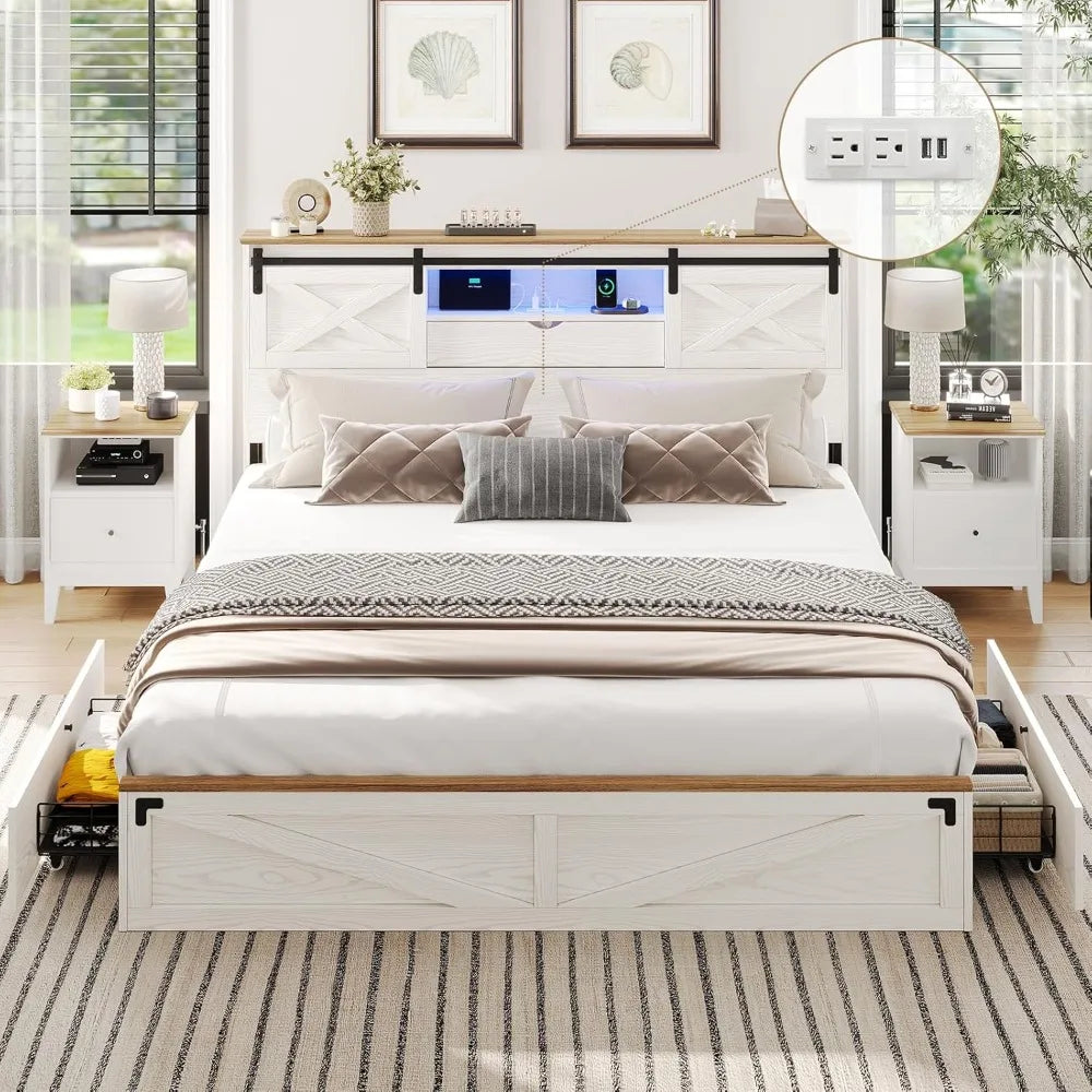 Hasuit farmhouse bed frame california king size with storage bookcase headboard wooden cal led lights charging s